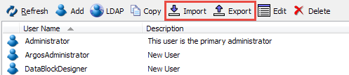 The Import and Export buttons at the top of the Users screen